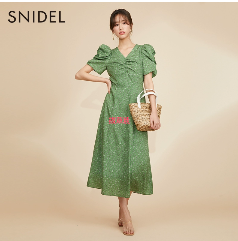 SNIDEL 2023夏新品复古V领印花泡泡袖连衣裙SWFO231226,到手约￥770.53