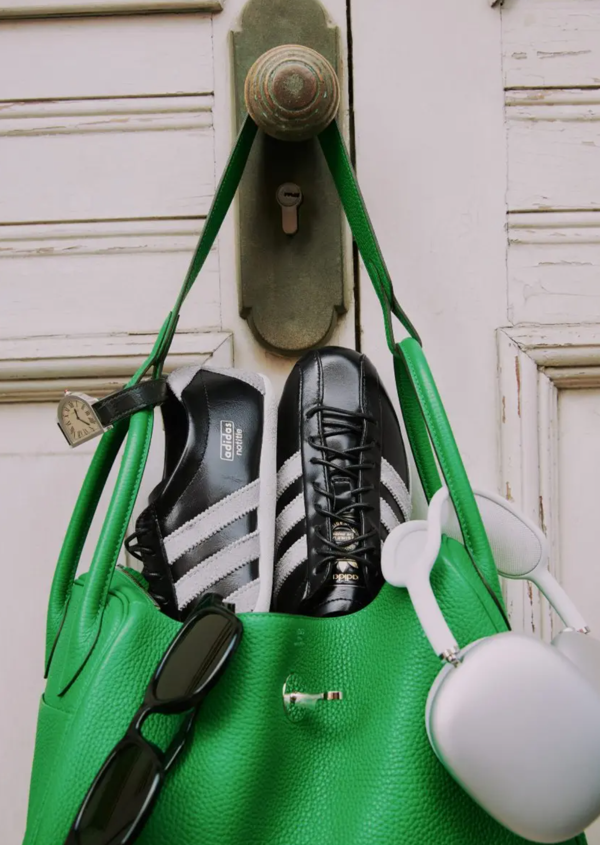 adidas x notitle Samba Green colorway on feet styling
