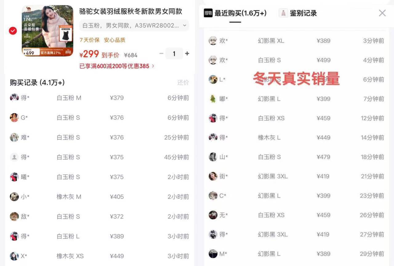 骆驼小太阳升级款羽绒服：购物金到手284元，得物冬季499秒卖