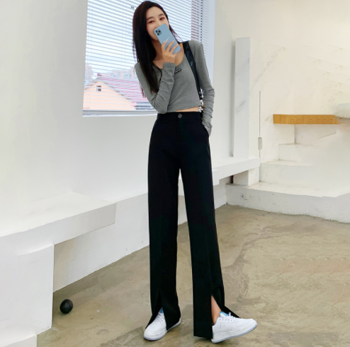 34.9元包邮！洛茵缇 高腰显瘦开叉西装阔腿裤