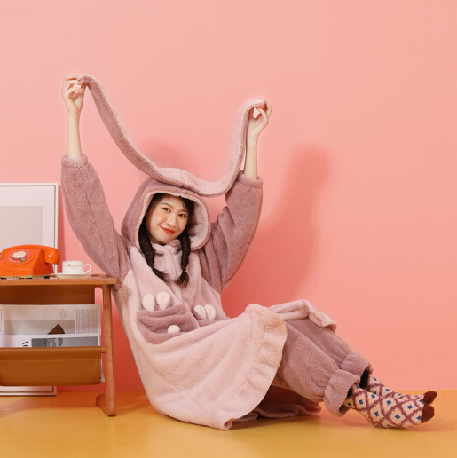 60元包邮！水星家纺 女款长耳兔暖绒家居服套装