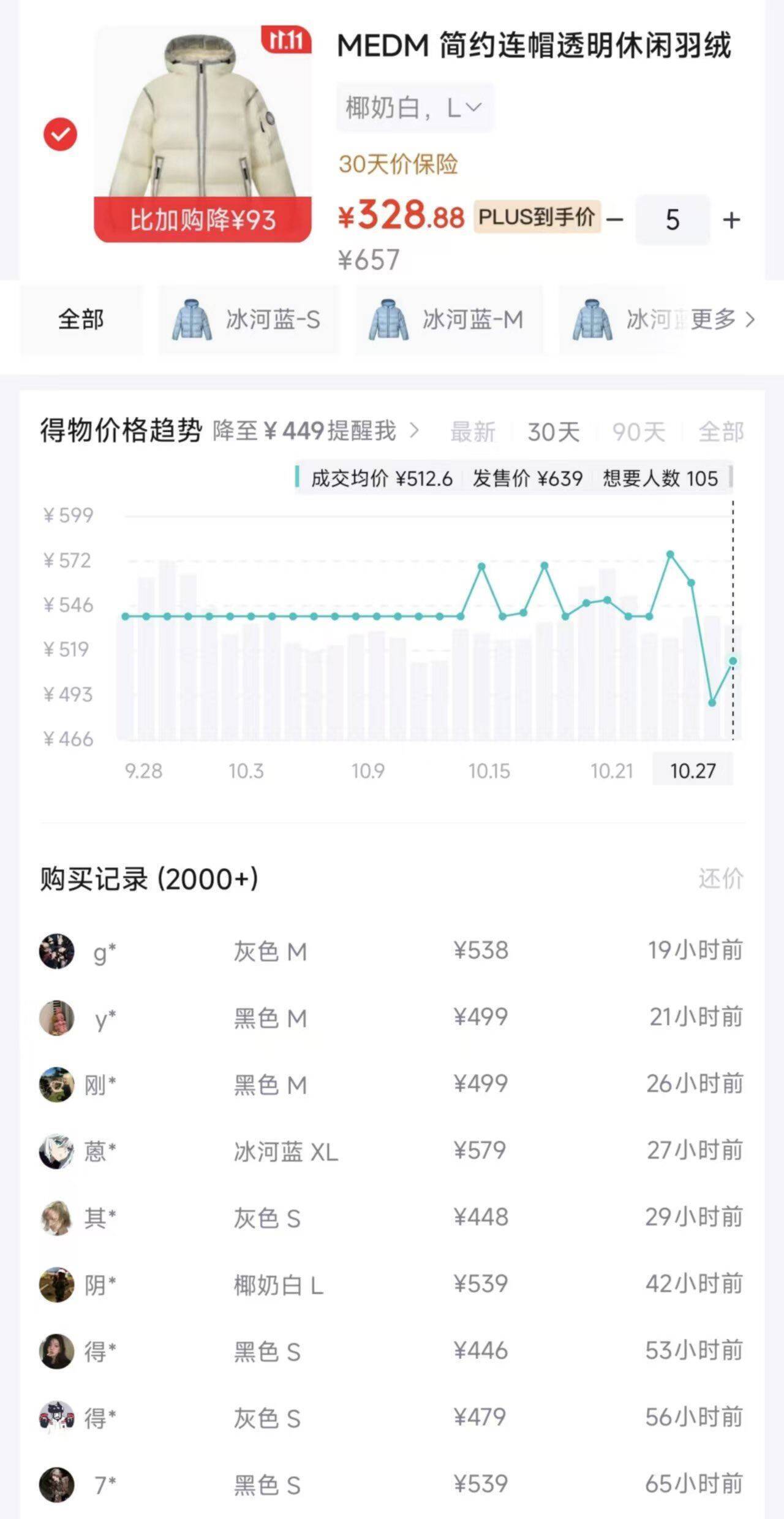 MEDM连帽羽绒服 M53Y001 到手价329元