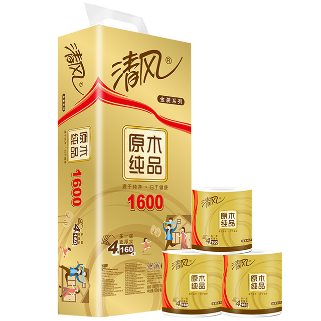 【1600g】清风4层原木有芯卷纸10卷