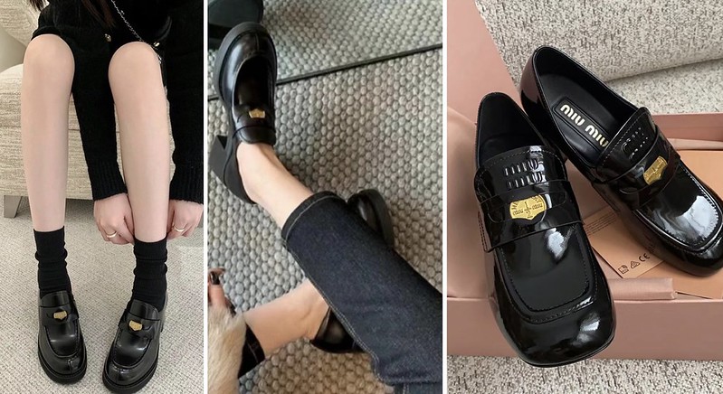 Miu Miu Black Penny loafer in brushed leather with a chunky heel.