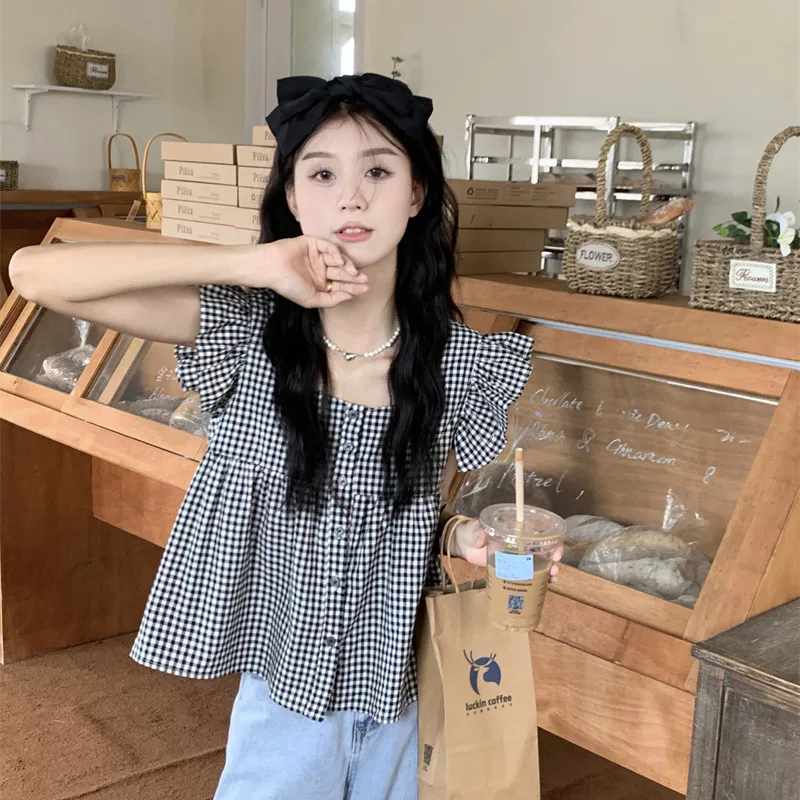 短款小衫格子法式泡泡袖露脐飞飞袖衬衫女新款夏装雪纺2026短袖q