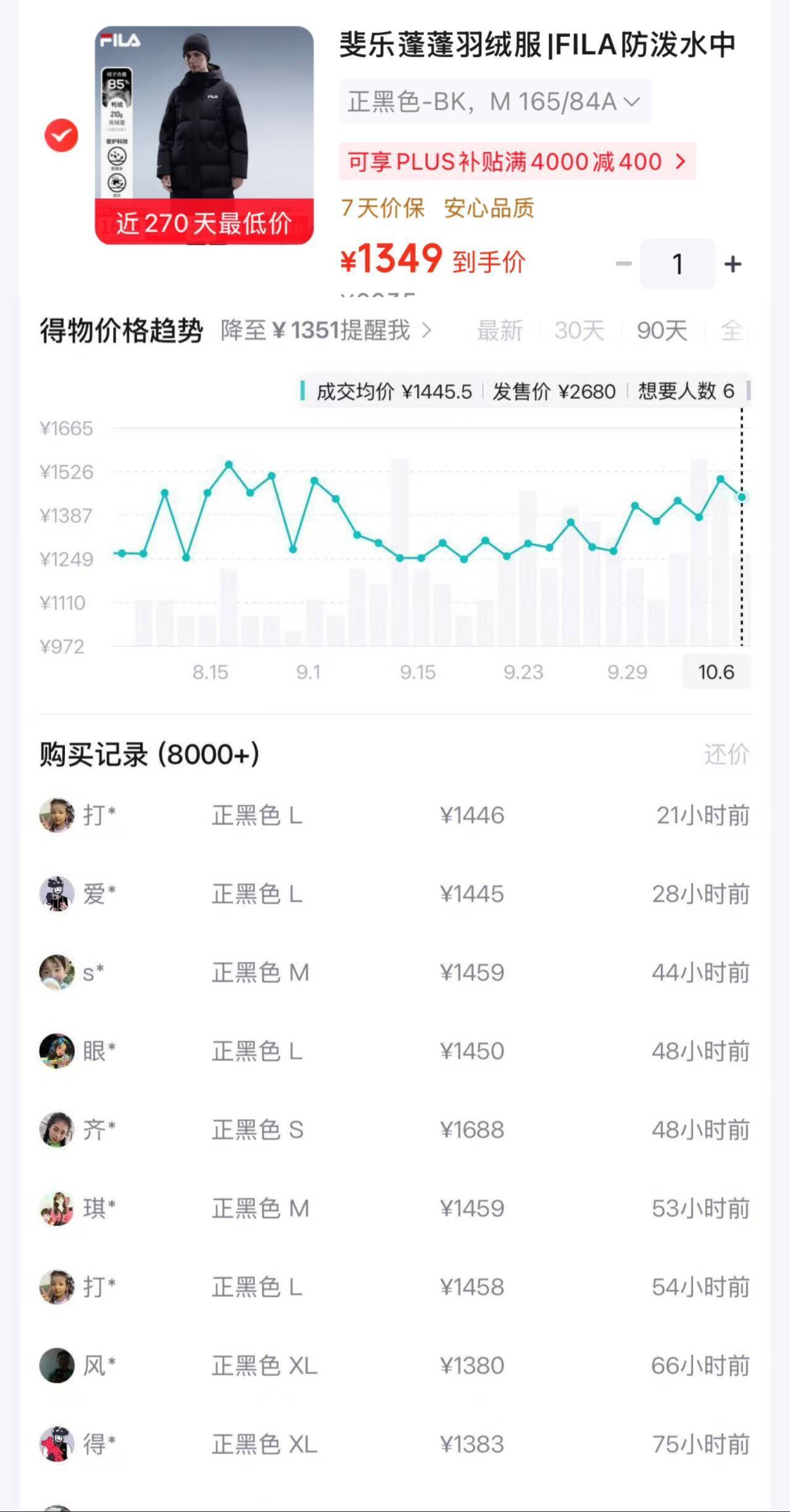 斐乐蓬蓬羽绒服单拍到手1129元