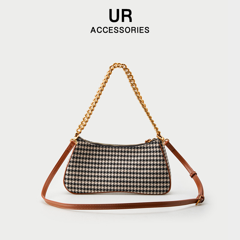 UR链条腋下包包女包2022新款复古棕千鸟格纹