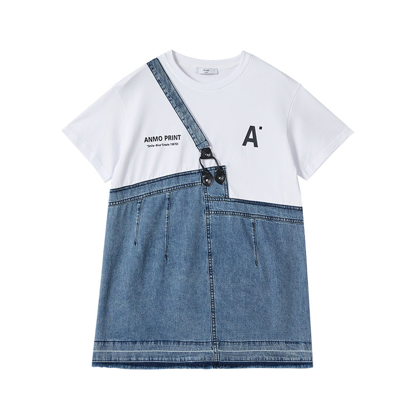 越也女童牛仔拼接连衣裙