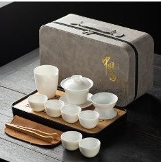 86.9元包邮！循一 羊脂玉茶具+茶盘(金亭山水)蓝皮
