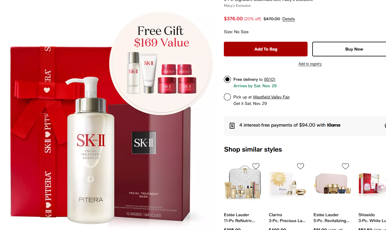 Image showing the SK-II Pitera Power Set at Macy's, including Facial Treatment Essence, 10 Facial Treatment Masks, and a free 6-piece gift. A great Macy's sale deal.