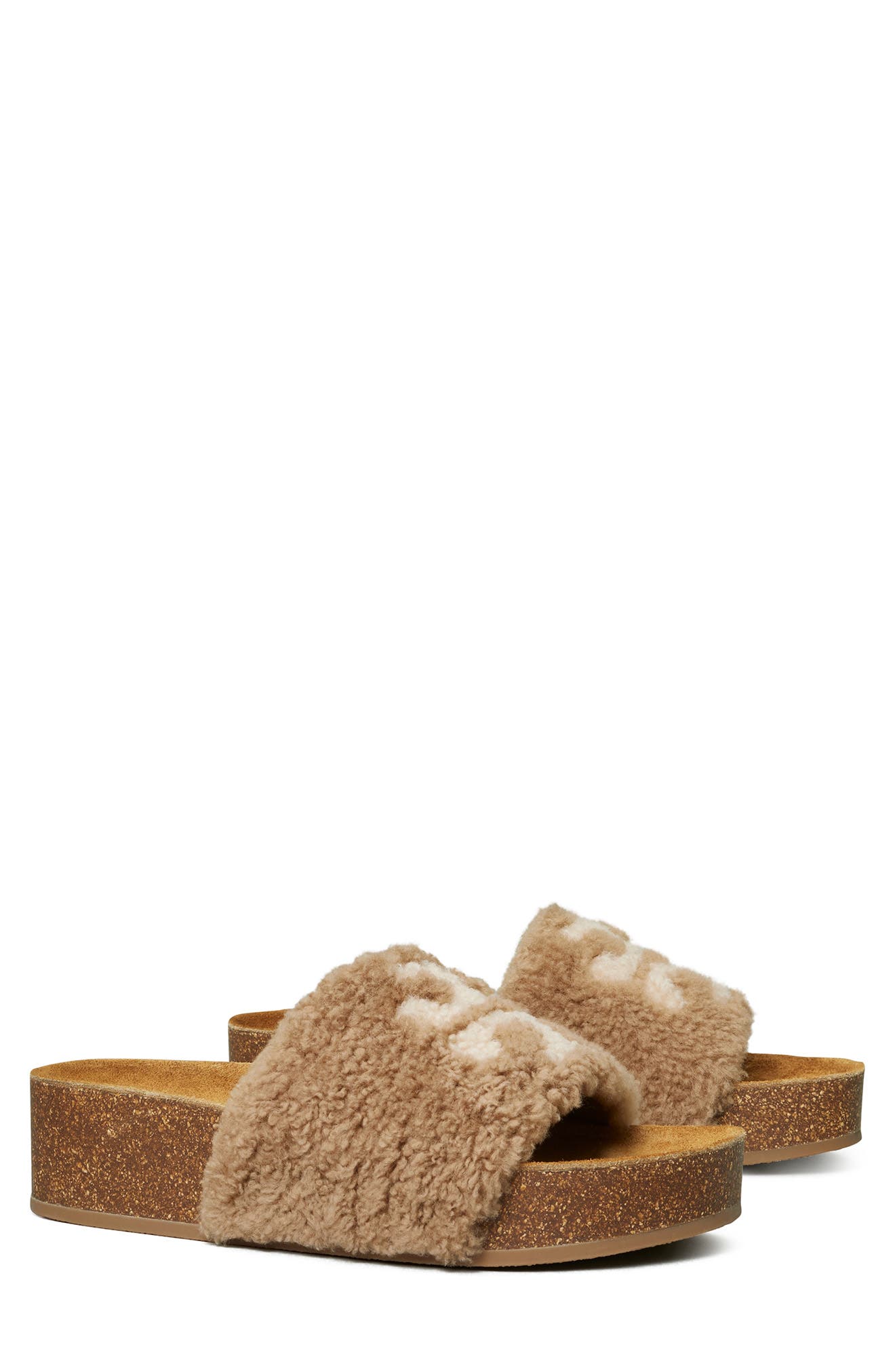 Tory Burch Double T Genuine Shearling Platform Slide Sandal