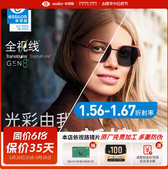 398元包邮！依视路全视线T8变灰色镜片钻晶膜洁膜岩A4膜御膜致可选1.60薄2片