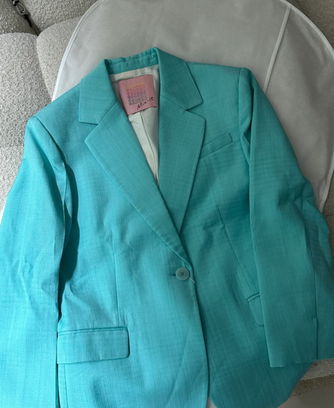 Mirror selfie wearing the Sandro blazer showing the fit