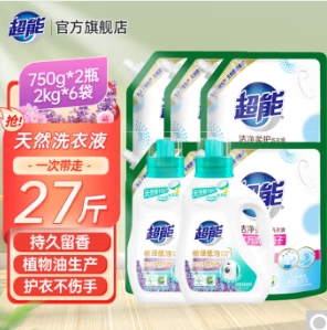 106.8元包邮！超能洗衣液27斤+洁柔卡通抽纸3层100抽24包
