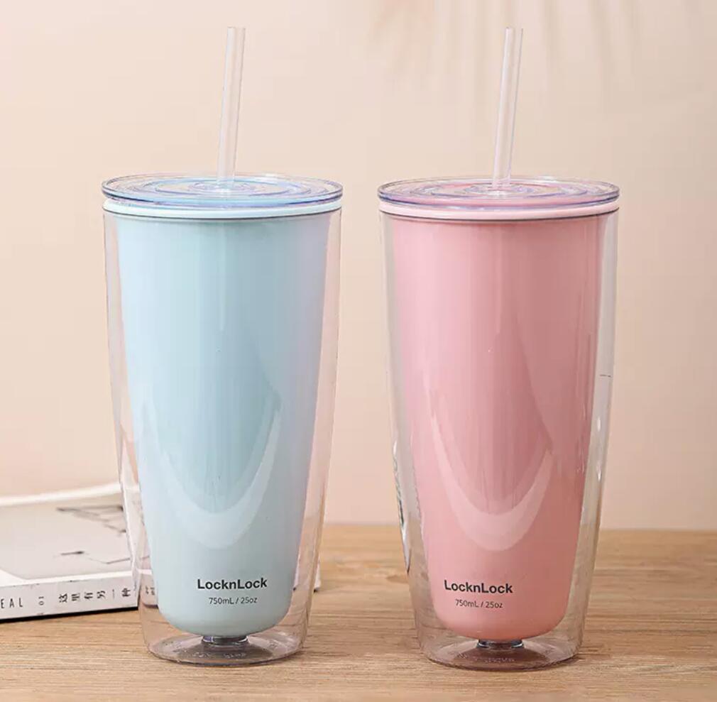 19元 包邮，乐扣乐扣 双层吸管杯水杯 750ML 