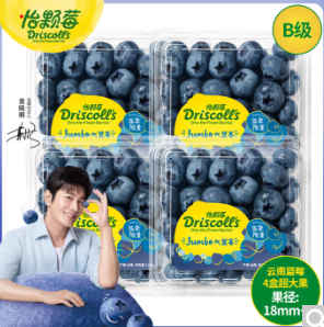 【上架】69.9元包邮！怡颗莓Driscoll's云南蓝莓 经典超大果18mm+4盒装