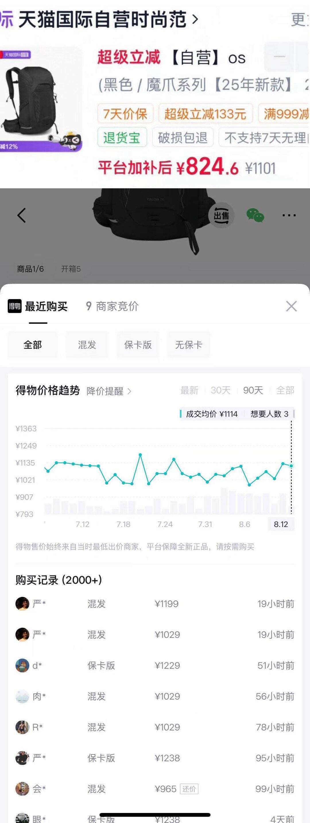 天猫国际小鹰车黑色款单拍824元，购物金叠加后仅需782元！