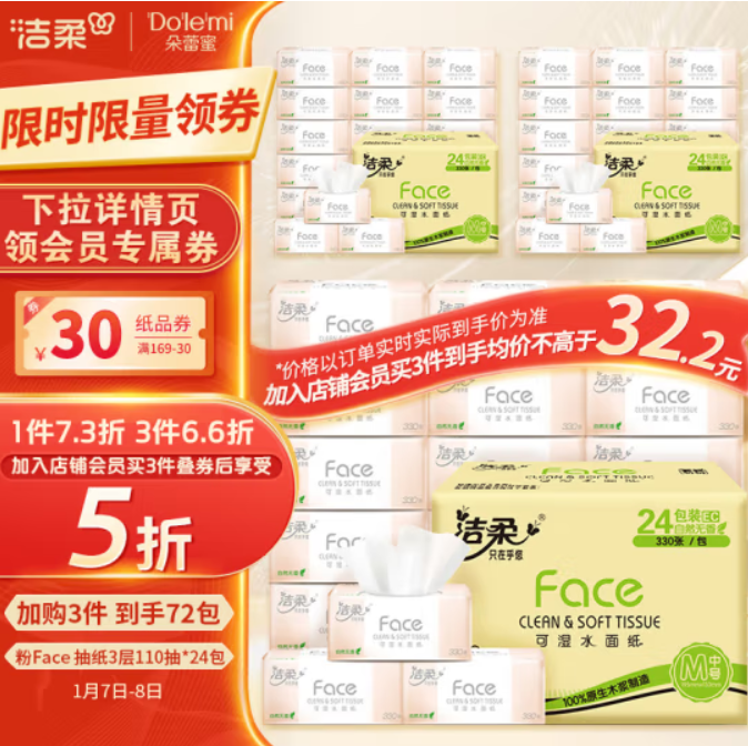 28.9元！洁柔 粉Face系列 抽纸 3层110抽*24包（需拍3件包邮）