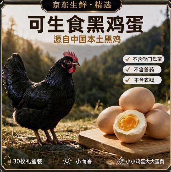 生鲜精选鸡蛋0.7/枚，黑羽鸡可生食礼盒30枚仅21.99元