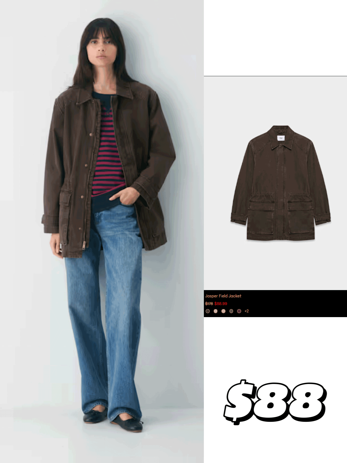 Model wearing a dark brown utility jacket from Aritzia.