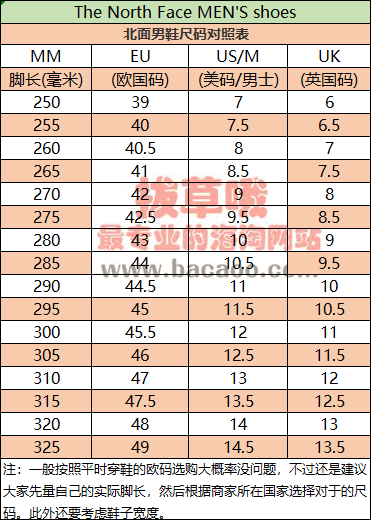 北面男鞋尺码对照表