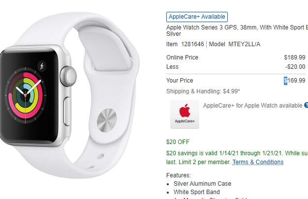Apple Watch Series 3 GPS 38mm版智能手表,特价$169.99 - 拔草哦