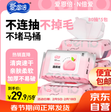 25.9元！爱恩倍 湿厕纸80片*5包（共400片）