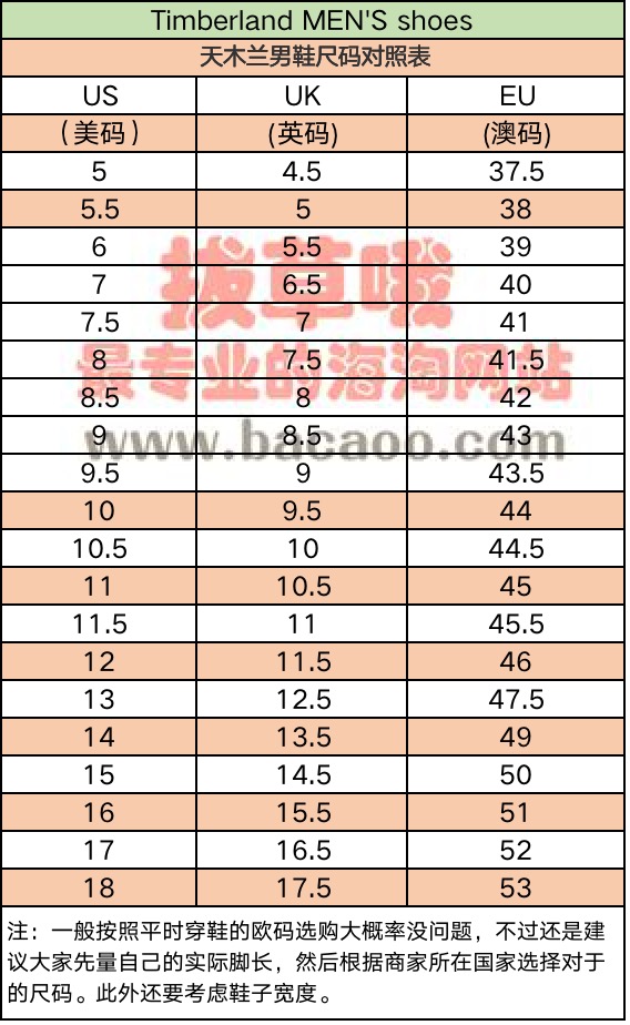 timberland添柏岚男鞋尺码表