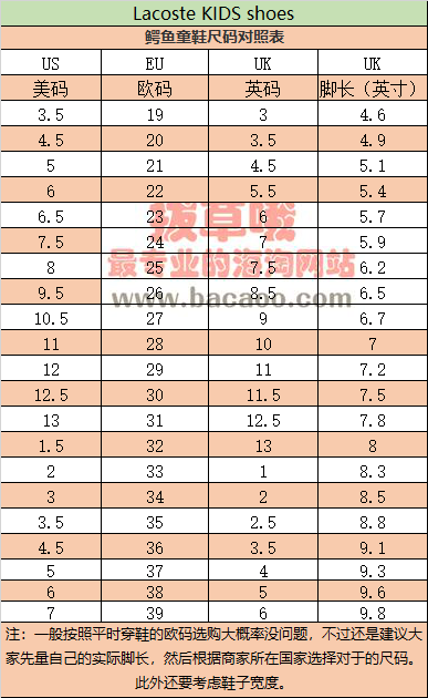 拉科斯特童鞋尺码表