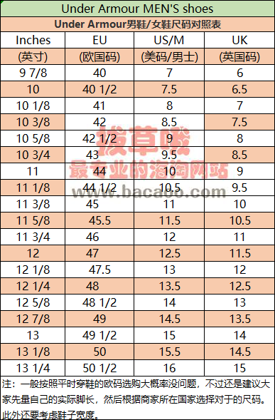 安德玛男鞋尺码对照表-拔草哦