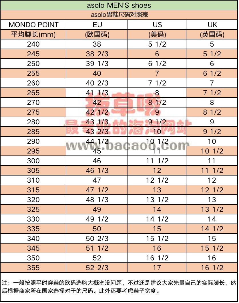 Asolo男鞋尺码对照表 拔草哦