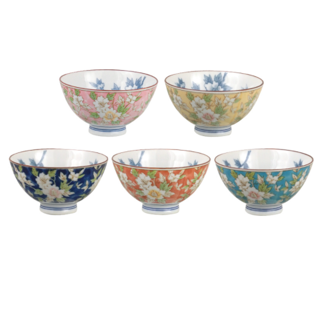 88元包邮！美浓烧 釉下彩 山茶花/蓝樱兔套碗5个装