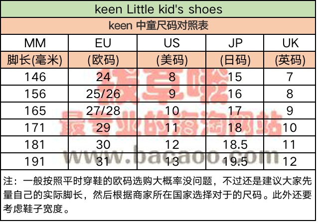 keen童鞋尺码对照表