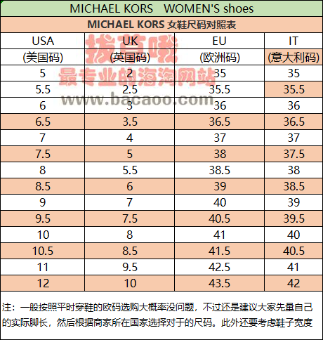 Michael Kors 迈克 科尔斯女鞋尺码对照表 拔草哦