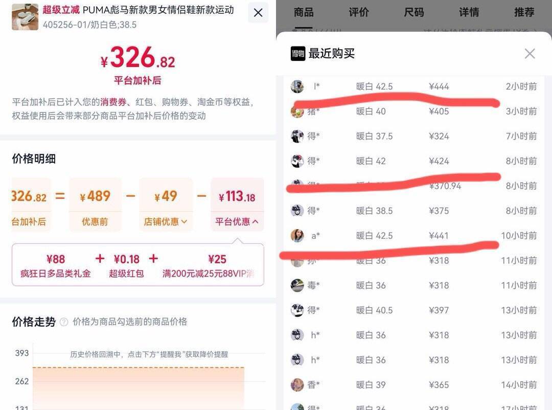 彪马薄底鞋领礼金单拍仅需25消费券，到手价326元