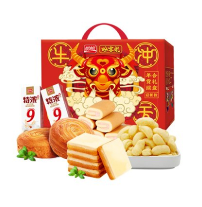 63.3元包邮！盼盼 牛气冲天零食礼盒 1264g*3件+饼干2件