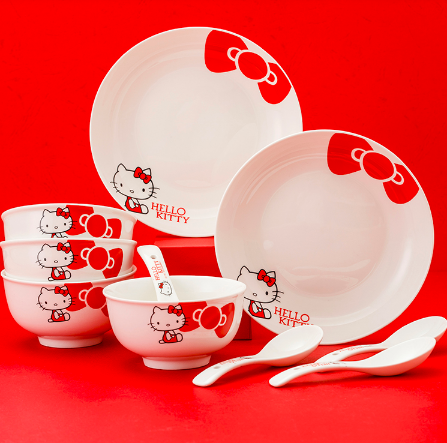 39元包邮！HELLO KITTY 红色蝴蝶结陶瓷碗碟餐具套装 10件套
