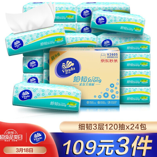 【折1.2元/包】115.91元！维达 抽纸纸巾 细韧3层120抽软抽*24包*4件