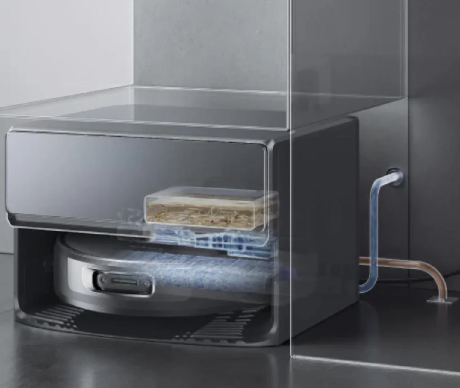 Narwal Flow 2 Flush Docking Close up view of Narwal Flow 2 docked flush under cabinet