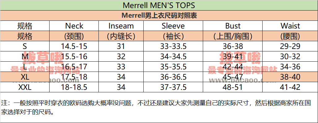 迈乐男装尺码表