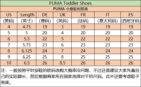 puma/彪马童鞋尺码对照表