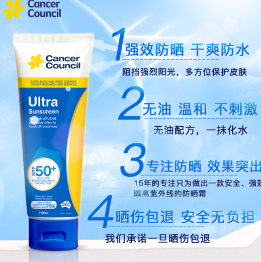 49元包邮！Cancer Council 强效型SPF50+防晒霜110ml