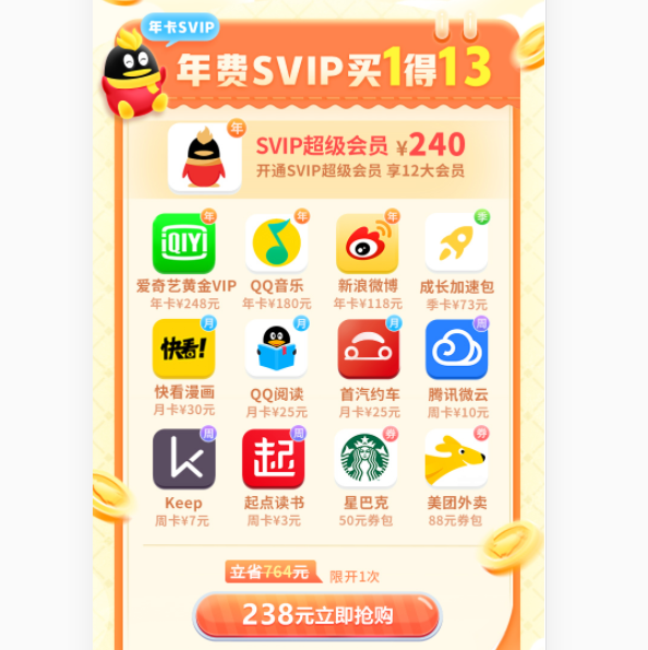238元！QQ超级会员 +爱奇艺年卡+QQ音乐年卡+新浪微博年卡等买一得十三