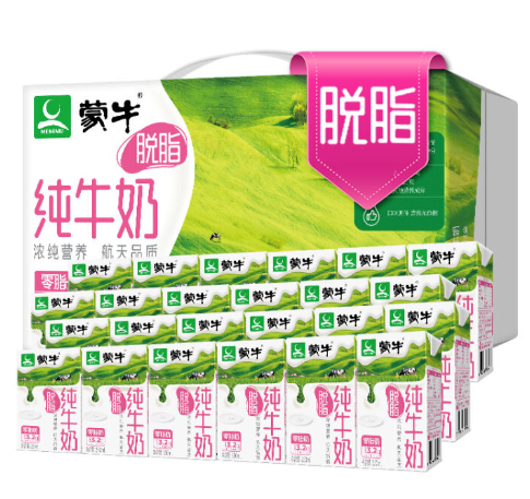 136.78元！蒙牛 脱脂型纯牛奶250ml*24礼盒装*3件