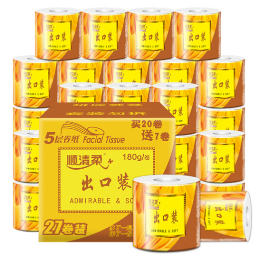 77.64元！顺清柔 有芯卷纸 5层180g*27卷*2件