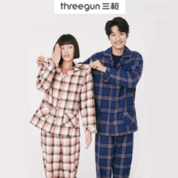 79元包邮！三枪 2021新品格纹翻领纯棉长袖情侣家居服套装 9色