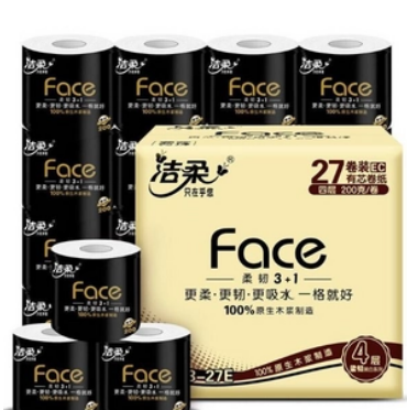【折1.48元/卷】120.28元！洁柔 黑Face 加厚卷纸 4层200g*27卷*3件