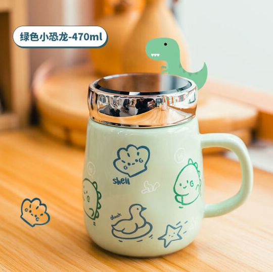 29.9元包邮！特百惠 超可爱镜面盖卡通陶瓷马克杯470ml 带勺子