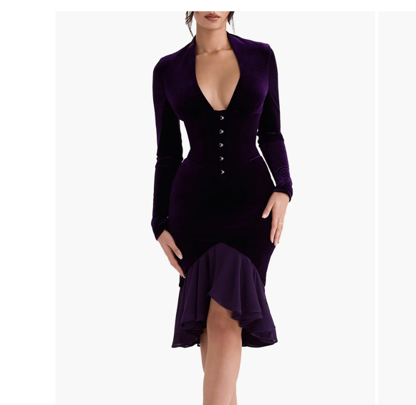 House of CB 2折免运深紫色天鹅绒连衣裙