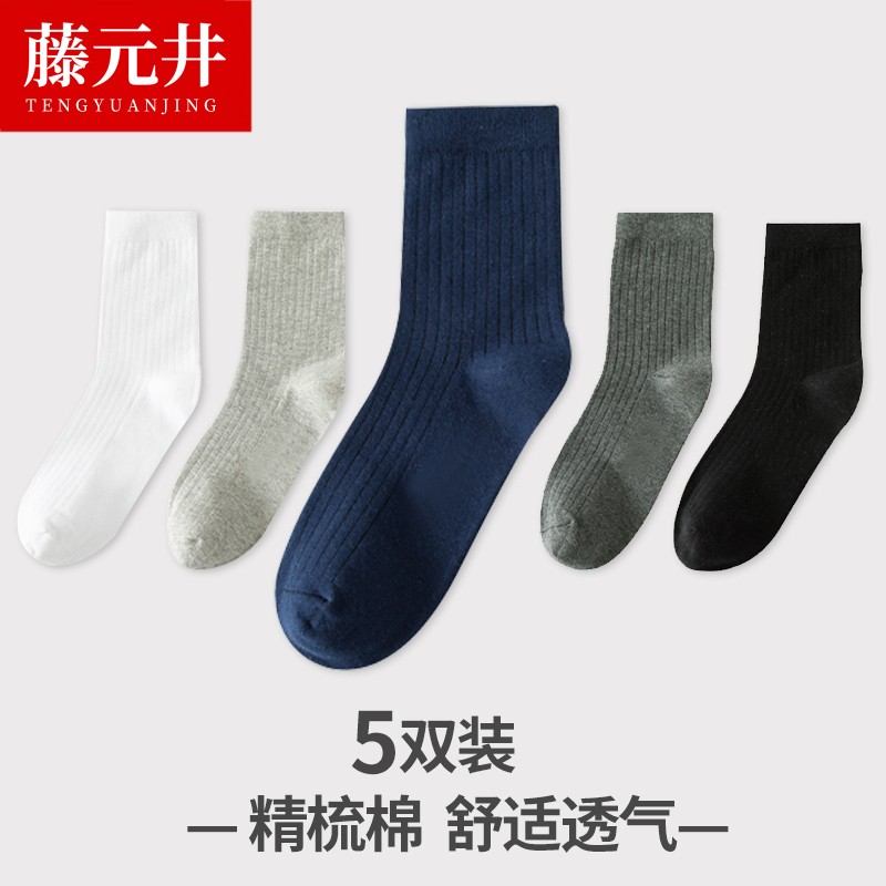 【官方旗舰店】藤元井 男竖条纯色中筒袜5双